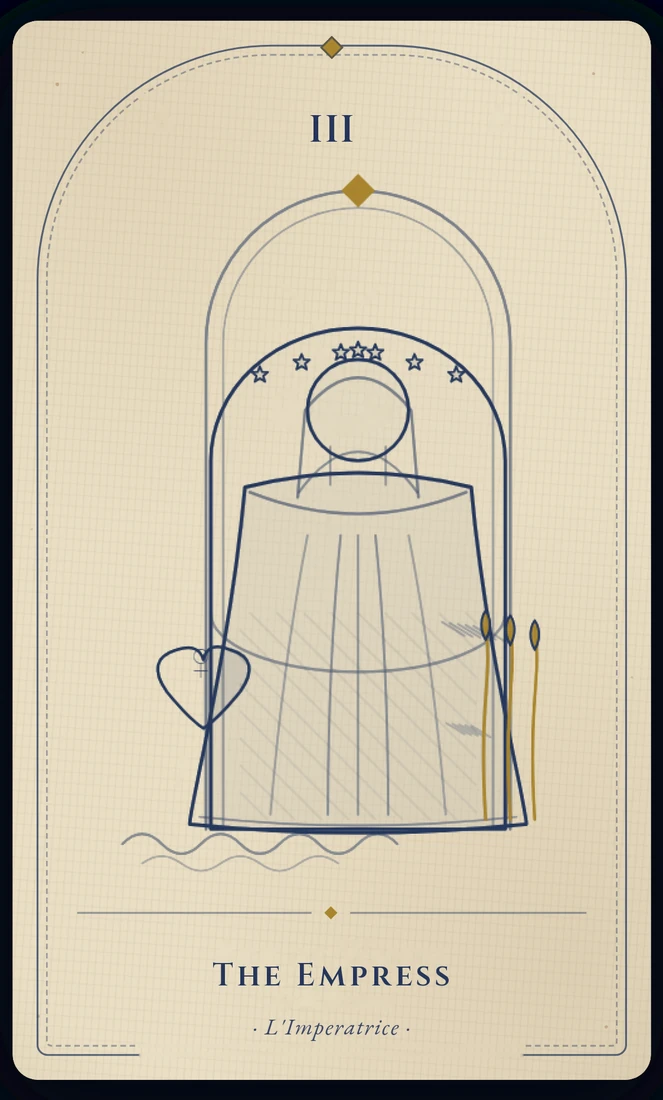 The Empress tarot card, re-illustrated in Vela's gothic style: a crowned figure at ease in a field of ripening wheat, a heart-shaped shield resting beside her.