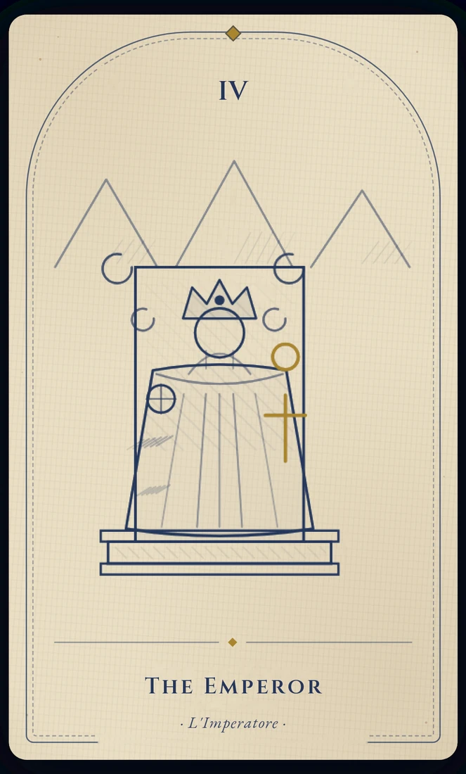 The Emperor tarot card, re-illustrated in Vela's gothic style: an armoured ruler on a stone throne carved with rams, bare mountains rising behind him.