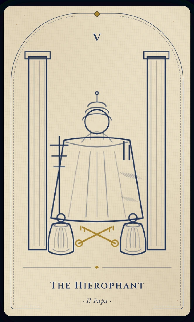 The Hierophant tarot card, re-illustrated in Vela's gothic style: a robed teacher raises a blessing between two pillars while two tonsured listeners kneel below.