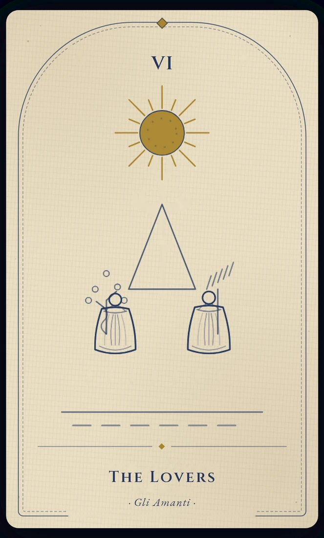 The Lovers tarot card, re-illustrated in Vela's gothic style: two figures stand unclothed and unashamed beneath a great angel, a mountain rising between them.