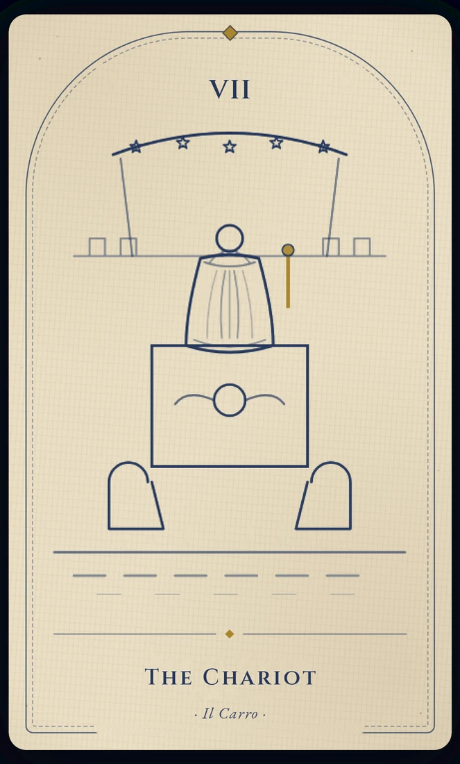 The Chariot tarot card, re-illustrated in Vela's gothic style: a charioteer stands between one black sphinx and one white, and there are no reins in his hands.