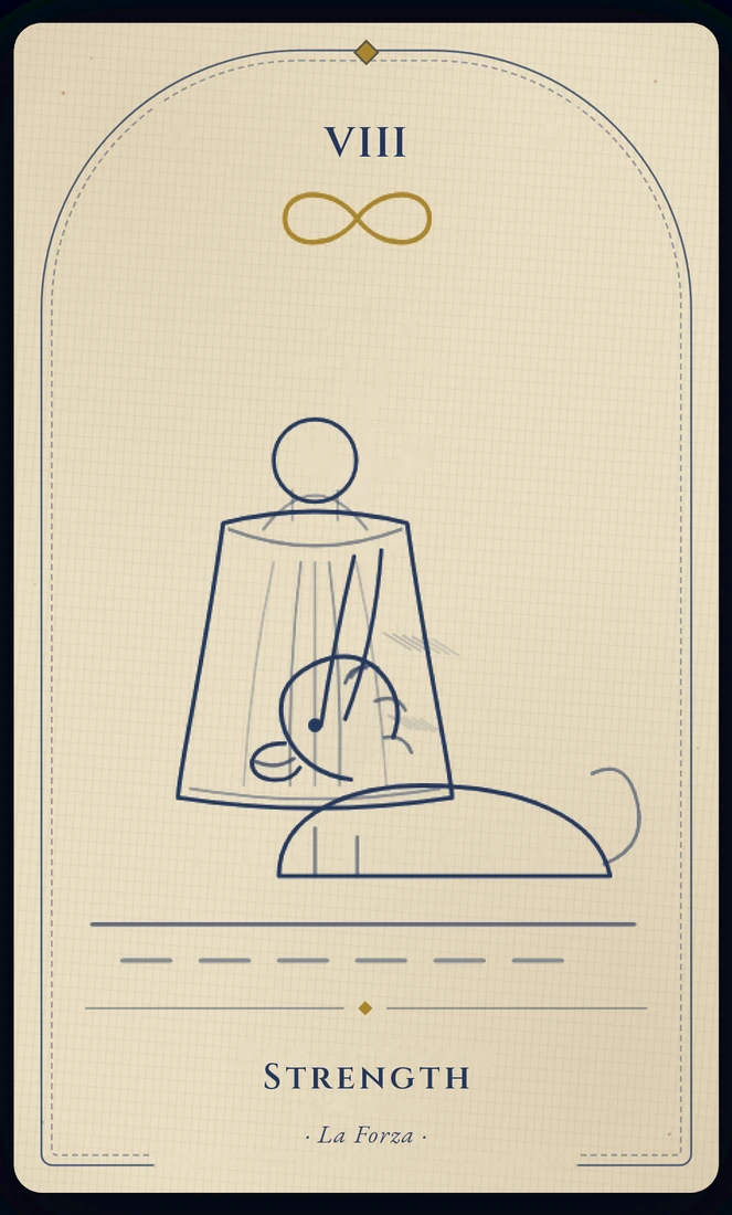 The Strength tarot card, re-illustrated in Vela's gothic style: a figure closes the lion’s mouth with a bare, calm hand, a garland of flowers at her waist.
