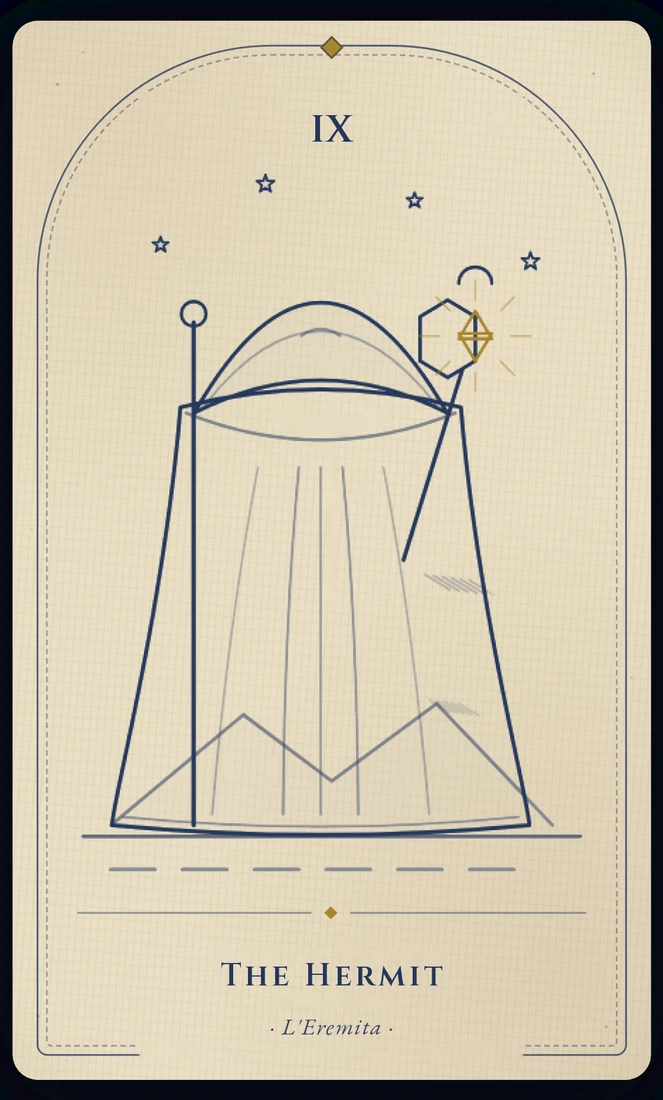 The Hermit tarot card, re-illustrated in Vela's gothic style: a grey-cloaked figure on a peak holds up a lantern that lights only the next few steps.