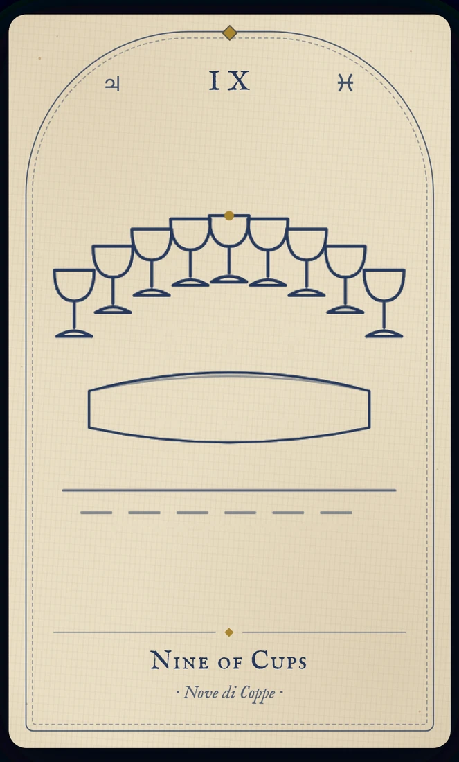 The Nine of Cups tarot card, re-illustrated in Vela's gothic style: a satisfied host sits arms folded before nine cups arced behind him.