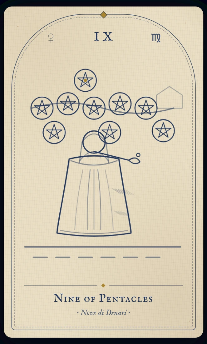 The Nine of Pentacles tarot card, re-illustrated in Vela's gothic style: a robed figure stands alone in a ripe vineyard, a hooded falcon on her glove.