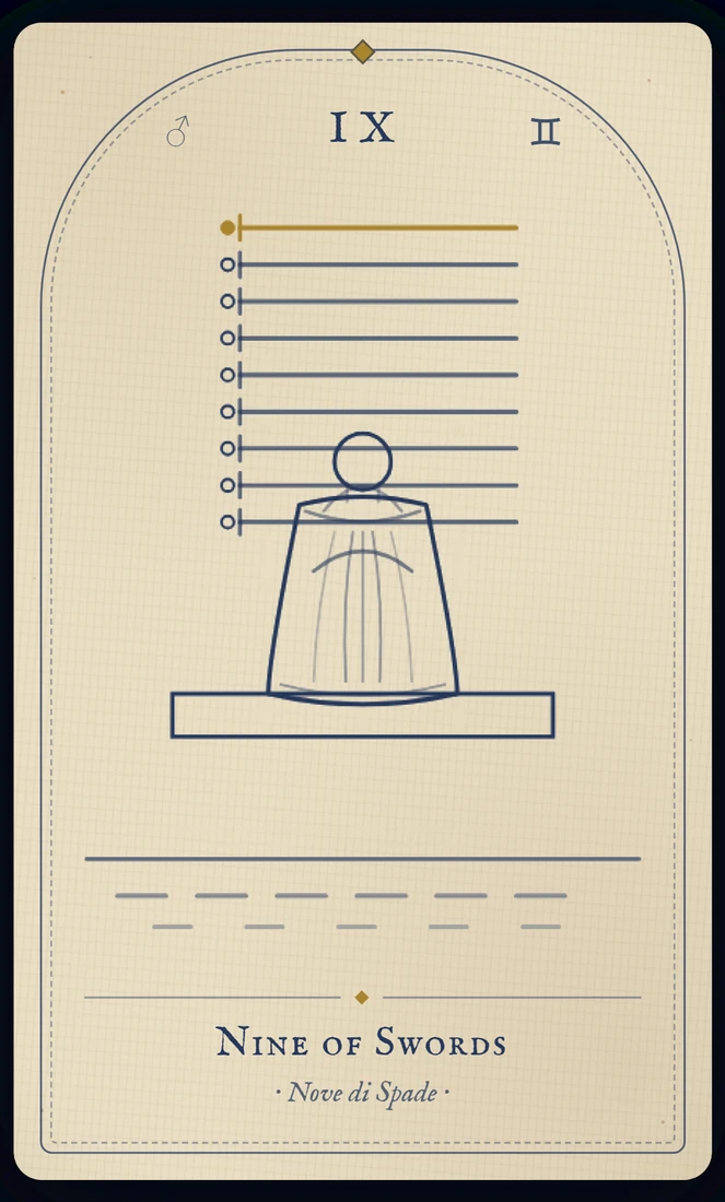The Nine of Swords tarot card, re-illustrated in Vela's gothic style: a figure sits up in bed, face in hands, nine swords ranged on the dark wall above.