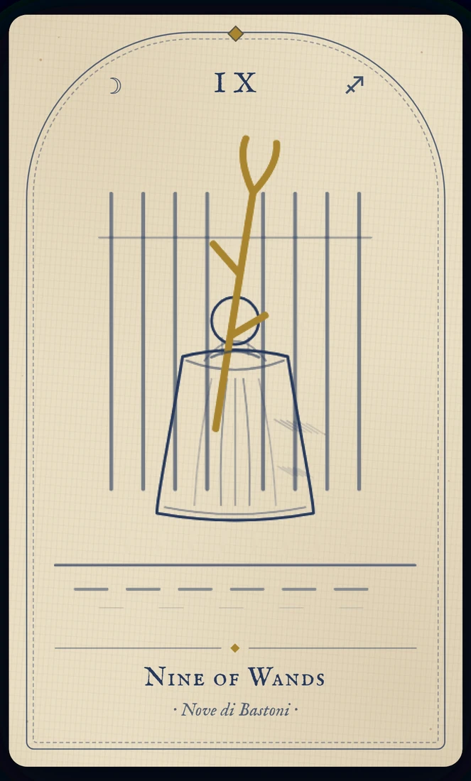 The Nine of Wands tarot card, re-illustrated in Vela's gothic style: a bandaged figure leans on his stave, the other eight fenced close behind him.