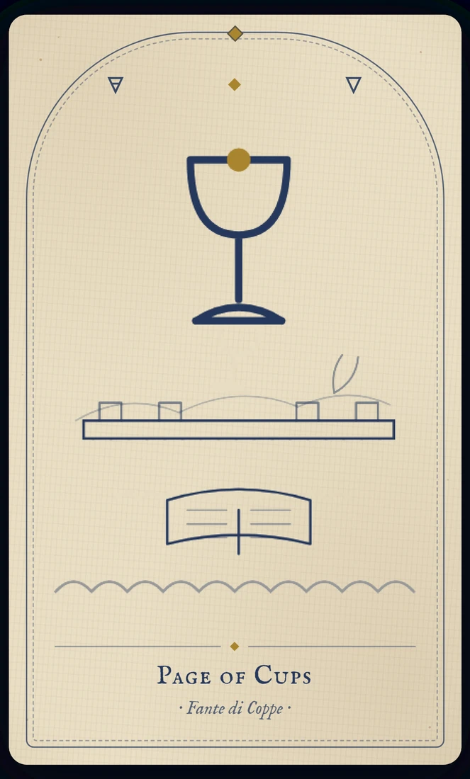 The Page of Cups tarot card, re-illustrated in Vela's gothic style: a young courtier regards the small fish looking back at him from his cup.