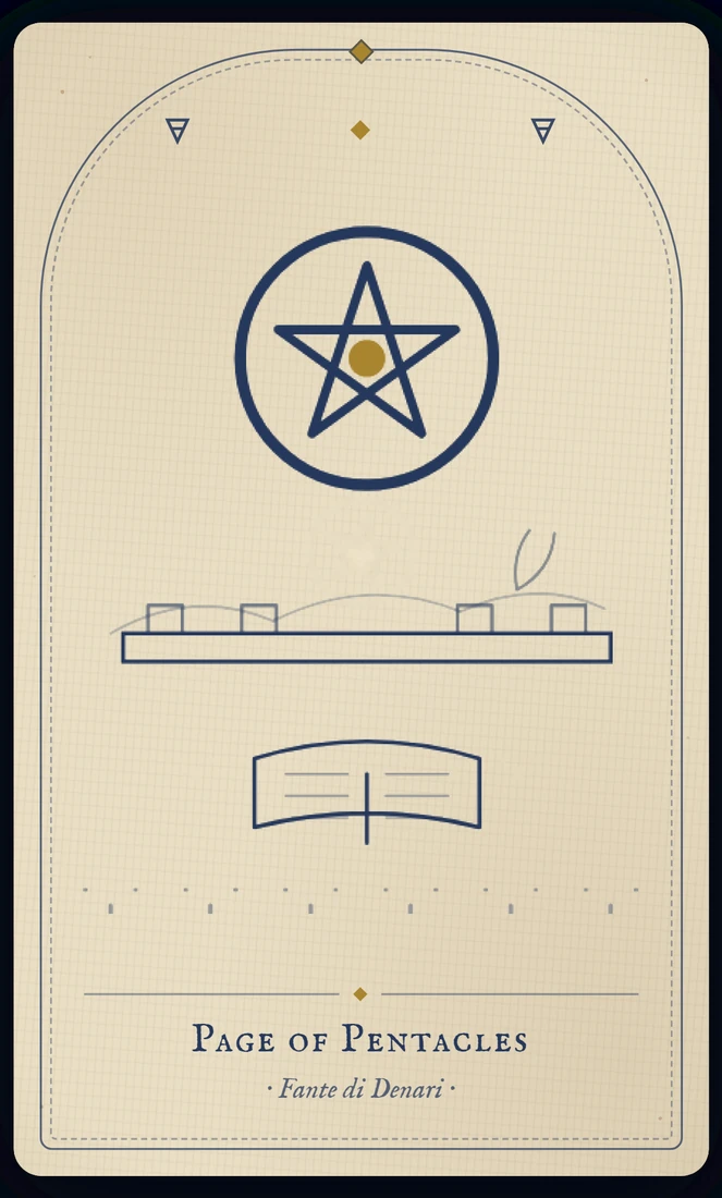 The Page of Pentacles tarot card, re-illustrated in Vela's gothic style: a youth holds a single coin up to the light, absorbed entirely.