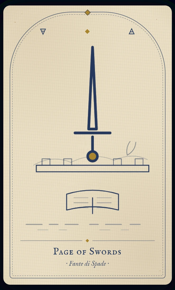 The Page of Swords tarot card, re-illustrated in Vela's gothic style: a youth holds a sword aloft on a windy ridge, hair blown hard sideways.