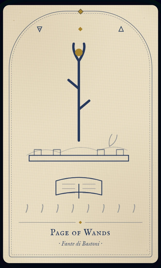 The Page of Wands tarot card, re-illustrated in Vela's gothic style: a young traveller in the desert stands studying the budding staff he carries.
