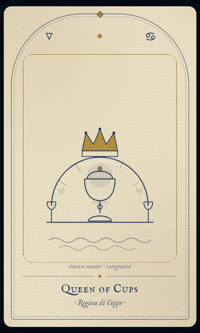 The Queen of Cups tarot card, re-illustrated in Vela's gothic style: a queen at the sea’s edge studies an ornate covered cup, the only one she cannot see into.