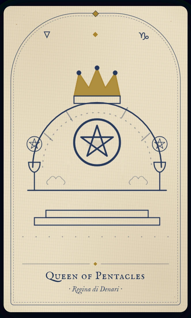 The Queen of Pentacles tarot card, re-illustrated in Vela's gothic style: a queen cradles a coin in a bower of roses, a hare slipping past her throne.