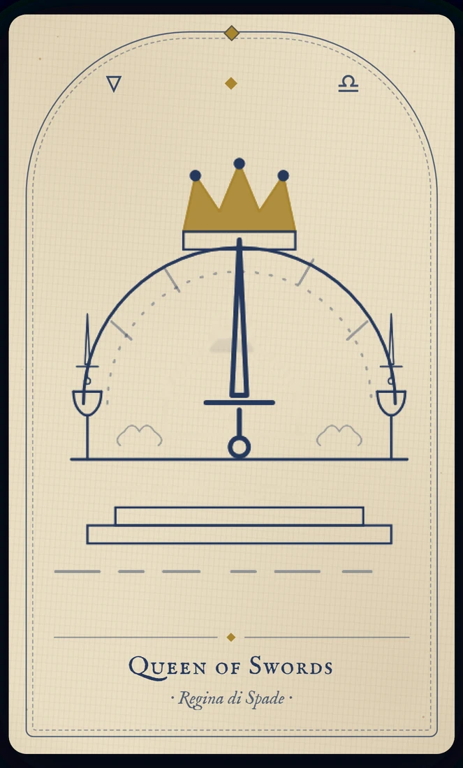 The Queen of Swords tarot card, re-illustrated in Vela's gothic style: a queen raises one open hand, sword upright in the other, her gaze clear and level.