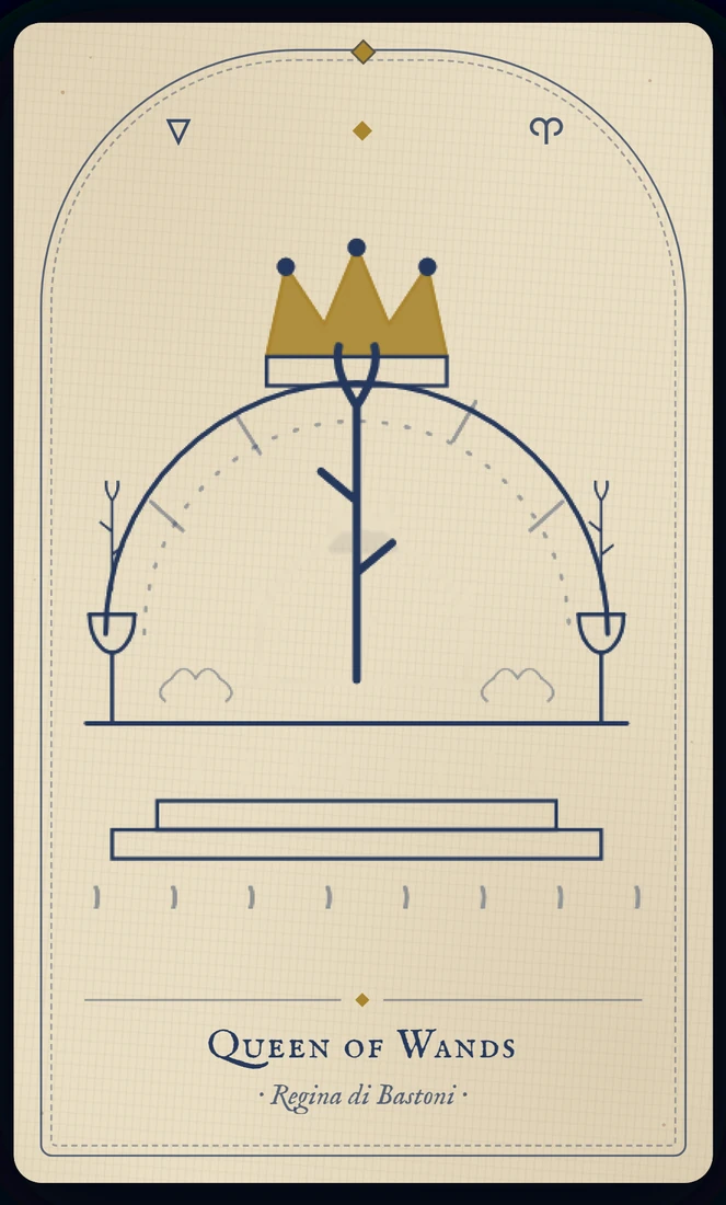 The Queen of Wands tarot card, re-illustrated in Vela's gothic style: a throned queen holds a staff and a sunflower, a black cat at her feet.