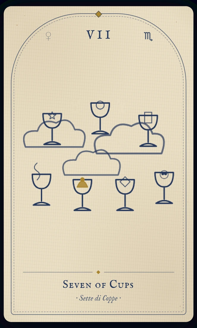 The Seven of Cups tarot card, re-illustrated in Vela's gothic style: seven cups float in cloud, each holding a different glittering vision.