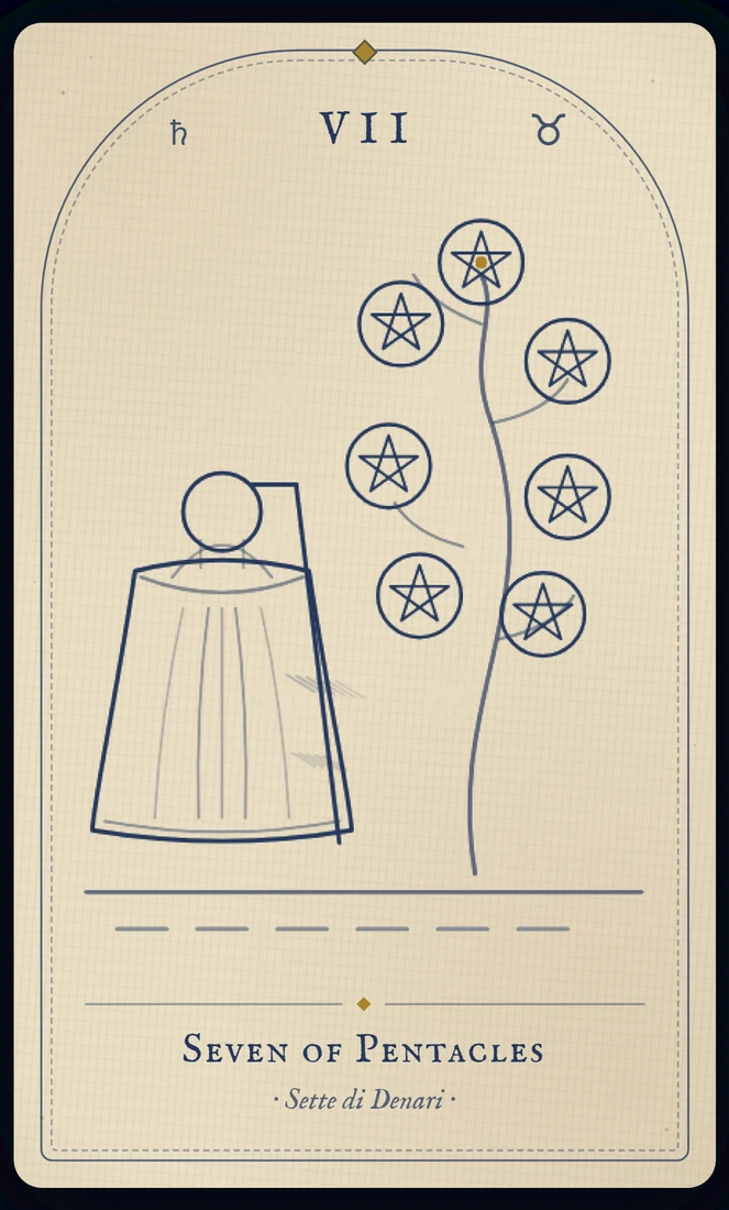 The Seven of Pentacles tarot card, re-illustrated in Vela's gothic style: a farmer leans on his hoe, studying seven coins grown thick on a vine.