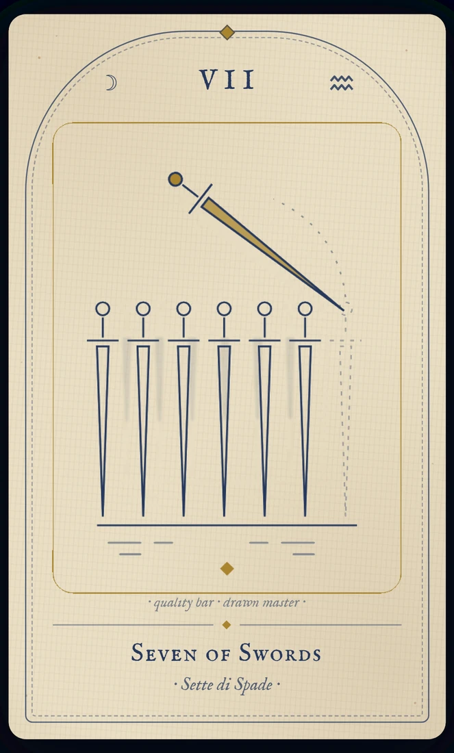 The Seven of Swords tarot card, re-illustrated in Vela's gothic style: a figure tiptoes from a bright camp carrying five swords, leaving two behind.
