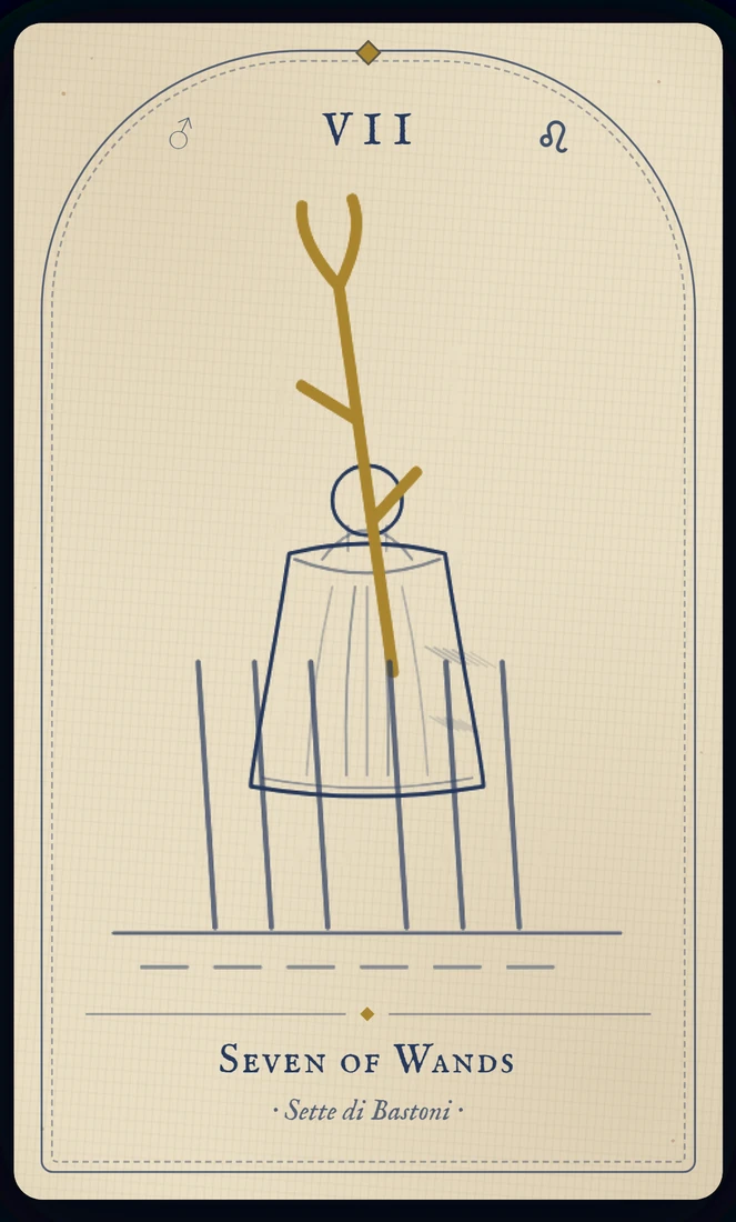 The Seven of Wands tarot card, re-illustrated in Vela's gothic style: one figure on the high ground holds his stave against six rising from below.