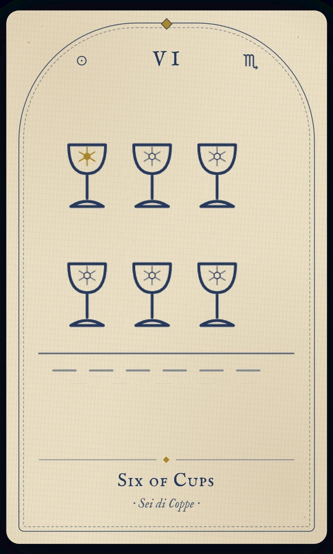 The Six of Cups tarot card, re-illustrated in Vela's gothic style: a child hands a cup filled with flowers to a smaller child in an old courtyard.
