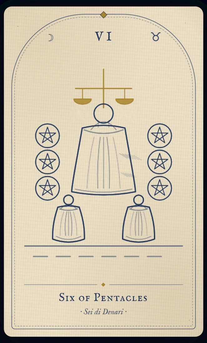 The Six of Pentacles tarot card, re-illustrated in Vela's gothic style: a merchant weighs coins in a hand scale, giving with a measured hand.