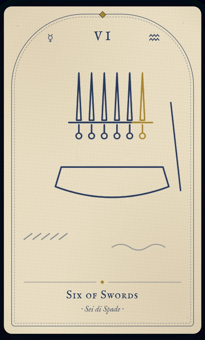 The Six of Swords tarot card, re-illustrated in Vela's gothic style: a ferryman poles two huddled passengers and six standing swords toward a far shore.