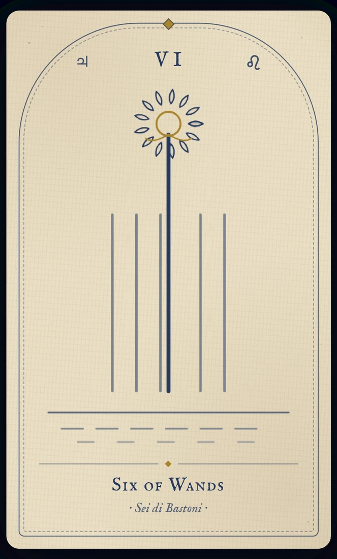 The Six of Wands tarot card, re-illustrated in Vela's gothic style: a laurelled rider returns through a crowd, his staff crowned with the victory wreath.