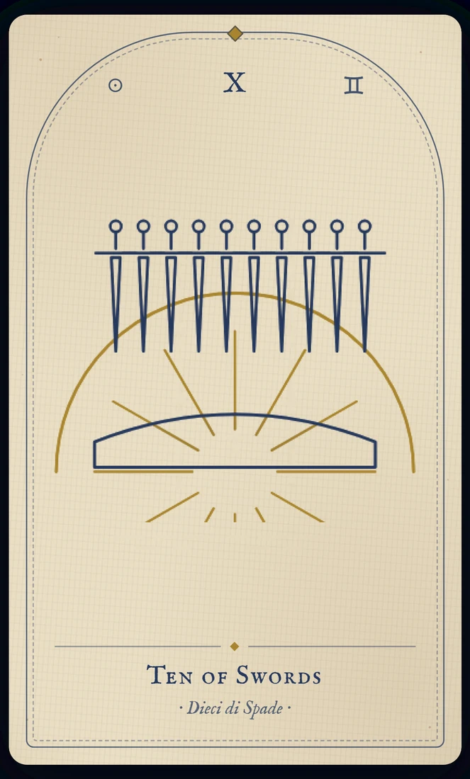 The Ten of Swords tarot card, re-illustrated in Vela's gothic style: a fallen figure lies beneath a black sky that is already turning gold at the horizon.