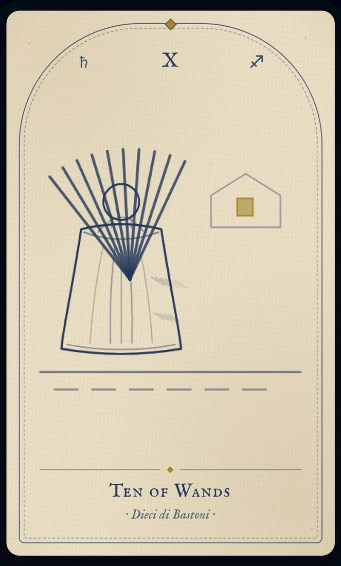 The Ten of Wands tarot card, re-illustrated in Vela's gothic style: a man carries ten heavy staves bundled against his chest, a town in reach ahead.