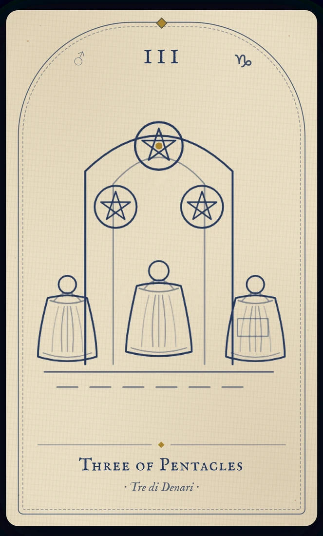 The Three of Pentacles tarot card, re-illustrated in Vela's gothic style: a mason works a cathedral arch while a monk and patron confer over the plans.