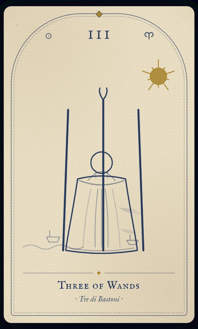 The Three of Wands tarot card, re-illustrated in Vela's gothic style: a merchant watches his ships from the headland, three staves planted beside him.