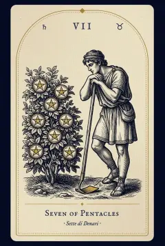 The Seven of Pentacles tarot card