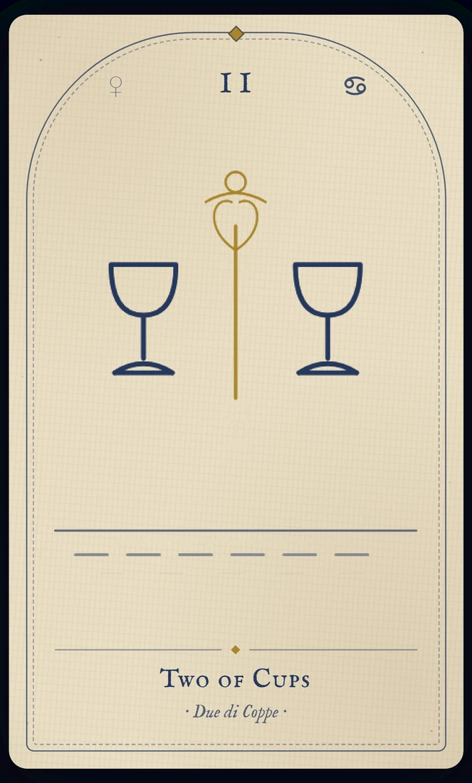 The Two of Cups tarot card, re-illustrated in Vela's gothic style: two figures pledge with exchanged cups beneath a winged lion over a caduceus.