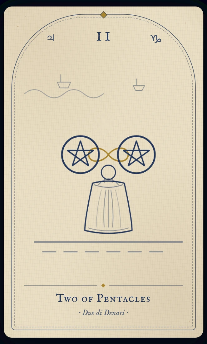 The Two of Pentacles tarot card, re-illustrated in Vela's gothic style: a dancer juggles two coins bound in a ribbon of figure-eight.