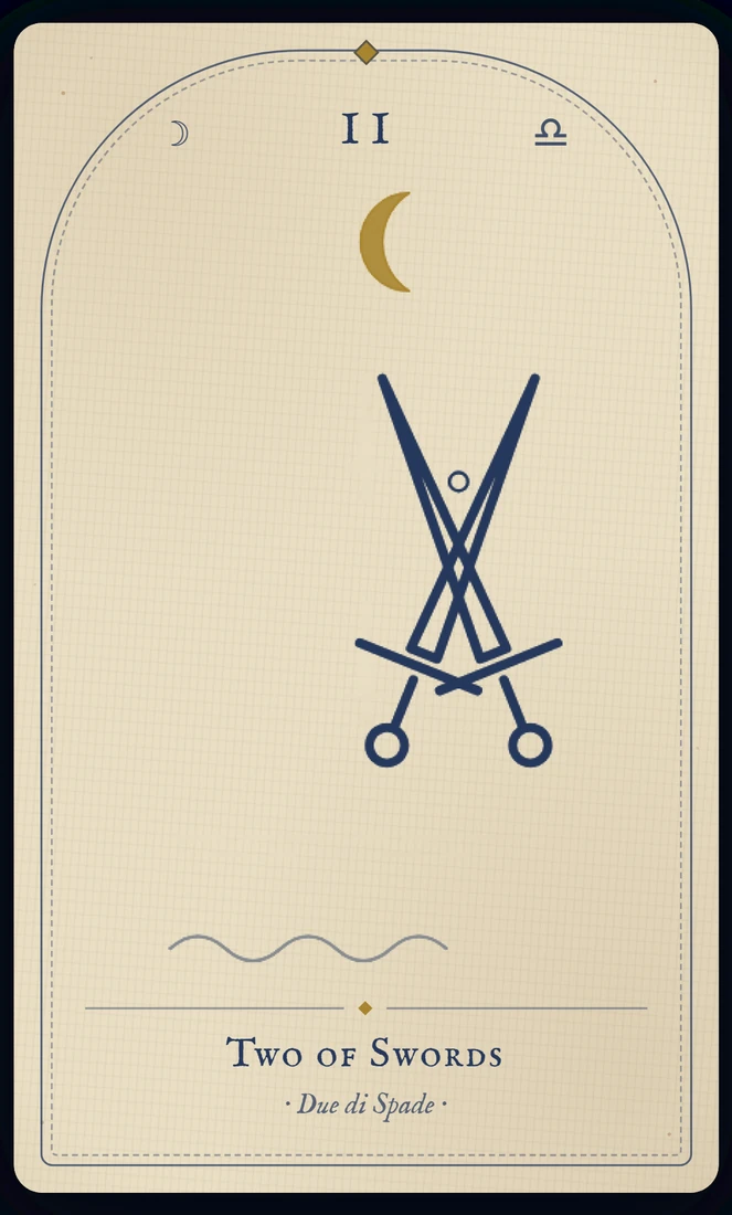 The Two of Swords tarot card, re-illustrated in Vela's gothic style: a blindfolded figure balances two crossed swords before a night sea.