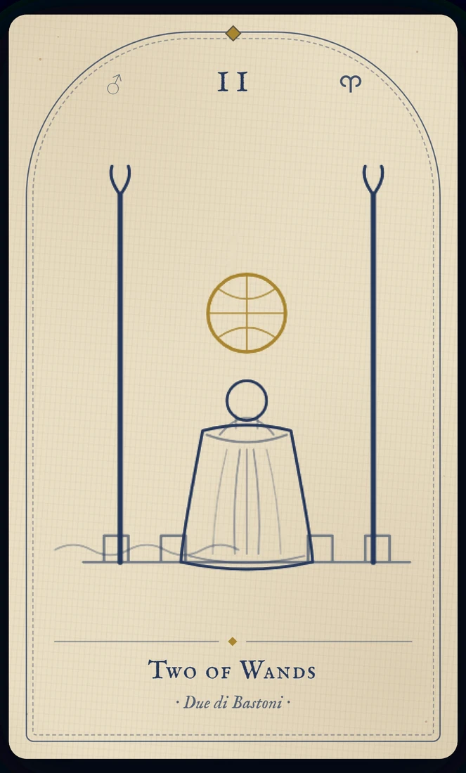 The Two of Wands tarot card, re-illustrated in Vela's gothic style: a figure holds a small globe between castle battlements, looking out over the sea.